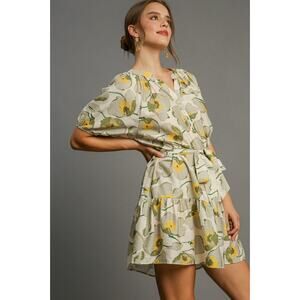 Umgee Floral Puff Sleeve Tie Waist Mini Dress Neutral Sz M NWT